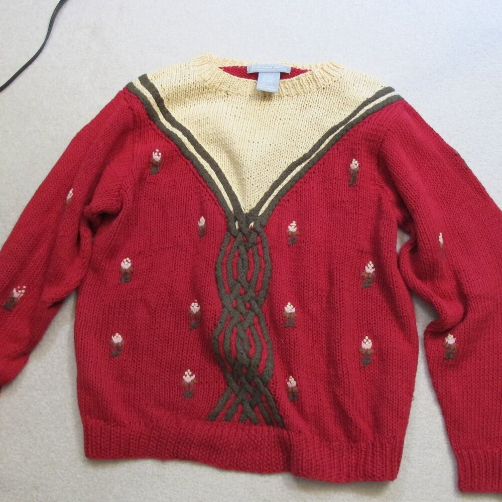 Catcher red and yellow sweater with floral accents  L